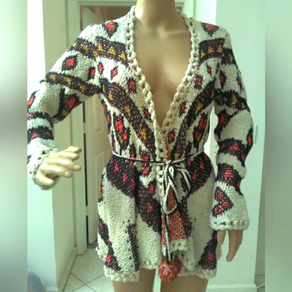 UNIQUE HANDMADE Multicolor Women JACKET W/ BELT BY ANA COUTURE CROCHETED 🔥🔥🔥